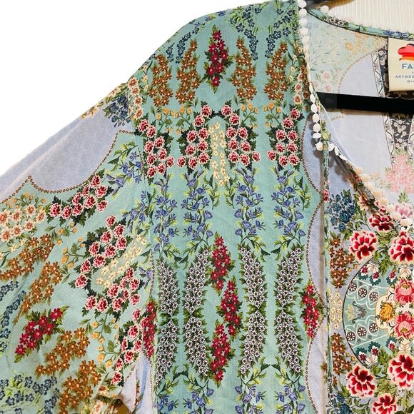 FARM RIO Lt Blue Peasant 3/4 Flutter Sleeve Blouse Sz S - Picture 7 of 12